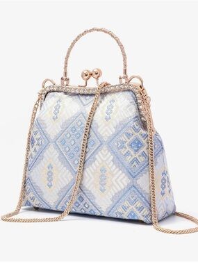 NEW Light Blue Patterned Satchel Handbag with Gold Trim